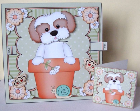 3D Animated Moveable Wobble Head Card Kit - Flower Pot Friends Little Cavachon Dog BoBo by Margaret McCartney
