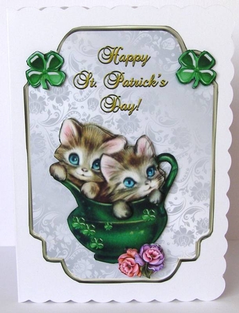 Irish Kitties - 7 x 5 inch card topper with decoupage by Margaret McCartney