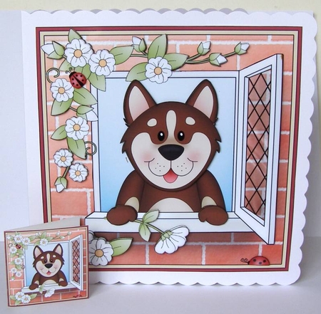 8 x 8 Mini Kit with 3d Decoupage - Through the Window - Little Husky Dog Biscuit by Margaret McCartney