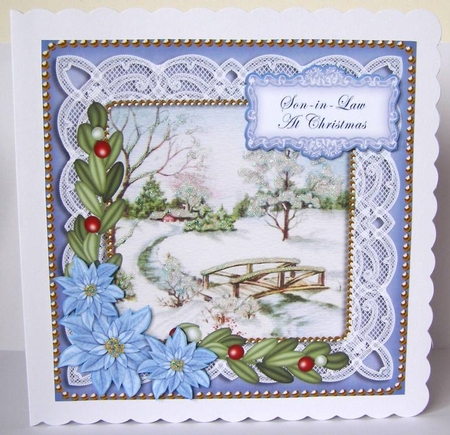 Blue Snowscene Son in Law at Christmas 8in Decoupage Topper by Margaret McCartney