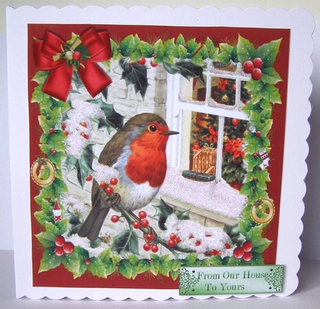 lovely robin in the snow in  christmas holly frame with bow 8X8 by Margaret McCartney