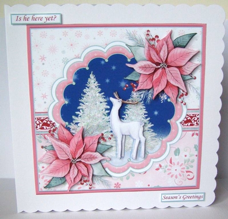 WHITE DEER & POINSETTIA 7.5 Christmas Decoupage & Insert Mini Kit by Margaret McCartney