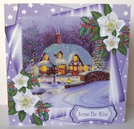 Pretty cottage in the snow with light and white flowers 8x8 by Margaret McCartney