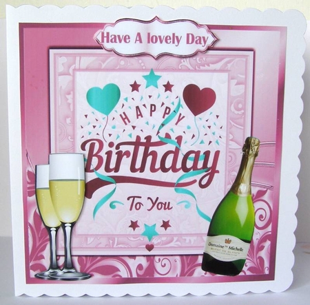 Lovely Birthday celebration  card front with wine (pink) 8x8 by Margaret McCartney