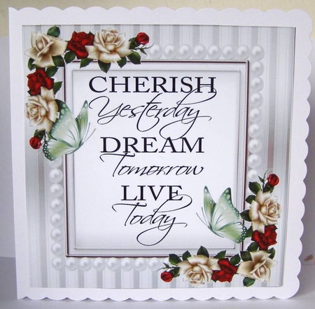 Cherish the day! butterflies and red/cream roses & pearls card front 8x8 by Margaret McCartney