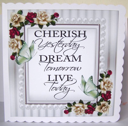 Cherish the day! butterflies and cerise/cream roses & pearls card front 8x8 by Margaret McCartney