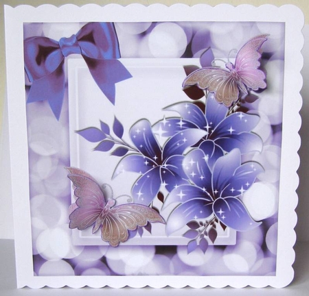 Beautiful lilac sparkle flowers with butterflies and bow 8x8 by Margaret McCartney