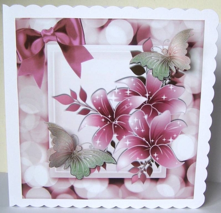 Beautiful pink sparkle flowers with butterflies and bow 8x8 by Margaret McCartney