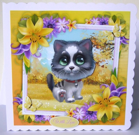 Cute Grey & White Cat With Yellow corner lily 8x8 by Margaret McCartney