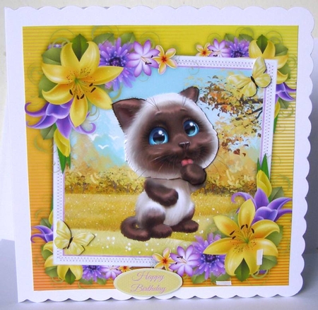 Cute Siamese Cat With Yellow corner lily 8x8 by Margaret McCartney