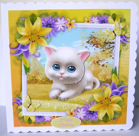 Cute White Cat With Yellow corner lily 8x8 by Margaret McCartney
