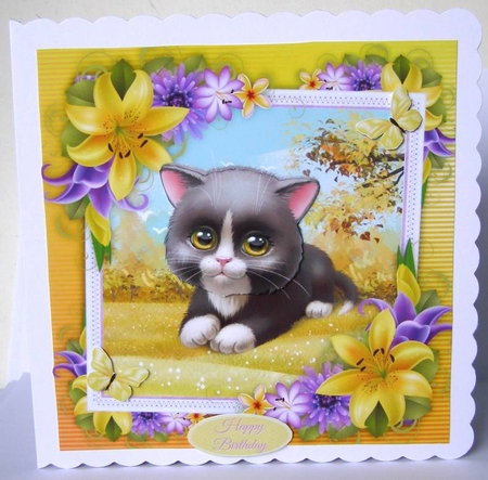 Cute Black Cat With Yellow corner lily 8x8 by Margaret McCartney
