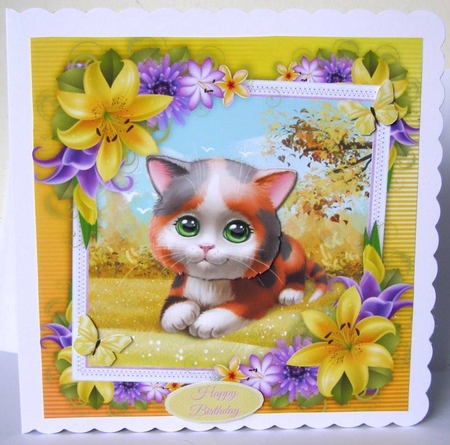 Cute Ginger & Black Cat With Yellow corner lily 8x8 by Margaret McCartney