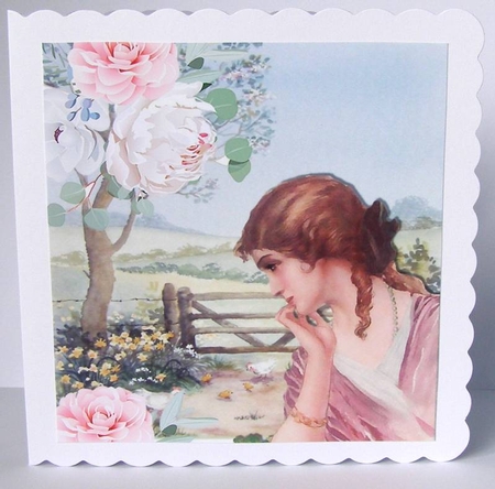 Pretty vintage lady in the meadows in deep thought with roses 8x8 by Margaret McCartney