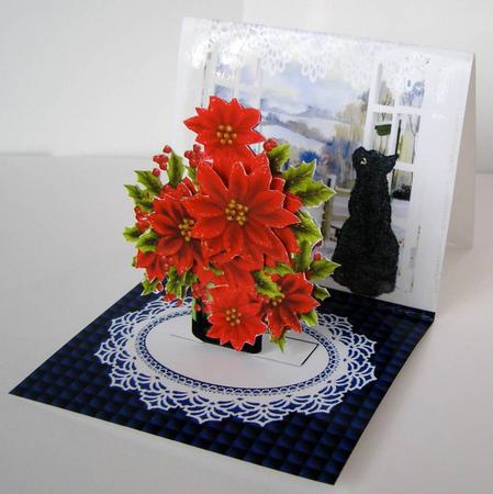 Poinsettias in Vase & Black Cat in Window 3D Decoupage Easel by Margaret McCartney