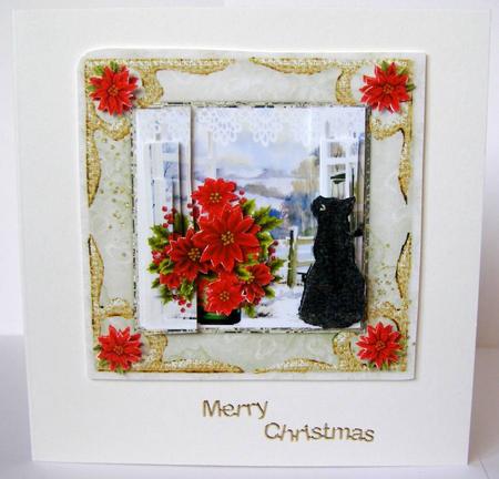 Black Cat & Poinsettias in Window Decoupage /double Pyramage by Margaret McCartney