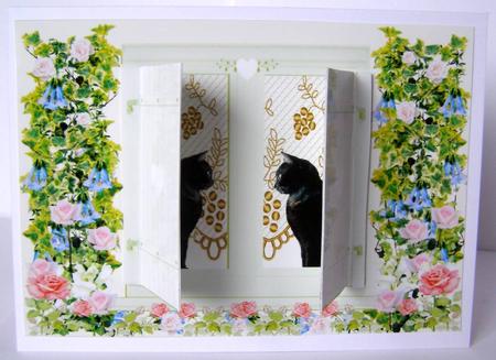 Lucky Black Cats in Summer Open & Shut Window Shutters Card by Margaret McCartney