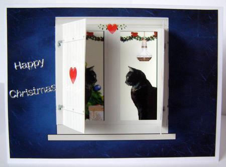 Christmas Lucky Black Cats - Open & Shut Window Shutter Card by Margaret McCartney