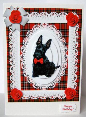 Black Scottie Dog Red Tartan Roses Lace & Pearls - Birthday by Margaret McCartney