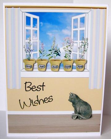 Herb Pots on Window Sill and Cat by Margaret McCartney