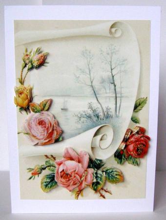 Roses on a Scroll, with Water Scene A4 Topper by Margaret McCartney