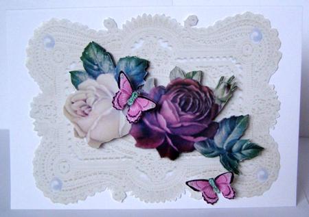 Beautiful Vintage Roses in Red/cream on Ecru Lace by Margaret McCartney