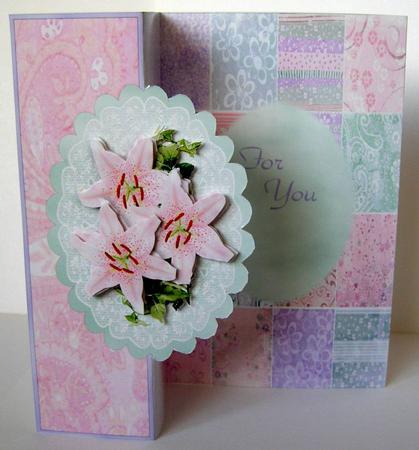 Patchwork Lilies- Foldback Card with Decoupage by Margaret McCartney