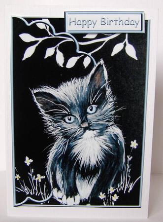 Black and White Cat in the Flowers Envelope Card by Margaret McCartney