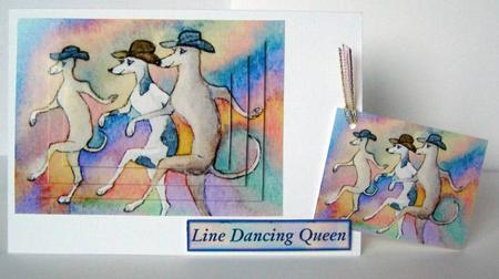 Line Dancing Greyhound Dogs Pyramid Topper and Gift Tag by Margaret McCartney