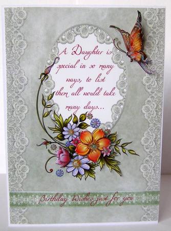 Painted Flowers & Butterfly on Blush Green Daughter Topper by Margaret McCartney