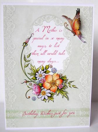 Painted Flowers & Butterfly on Blush Green Mother Topper by Margaret McCartney