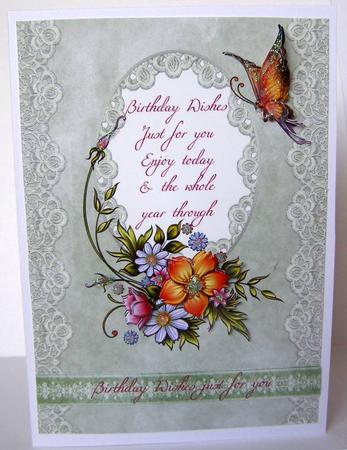 Painted Flowers & Butterfly on Blush Green Birthday Card by Margaret McCartney