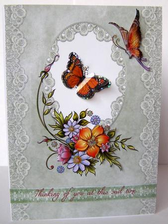 Painted Flowers & Butterfly on Blush Green Card Front by Margaret McCartney