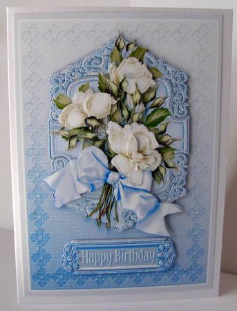 White Roses on a Blue Embossed Mat Decoupage by Margaret McCartney