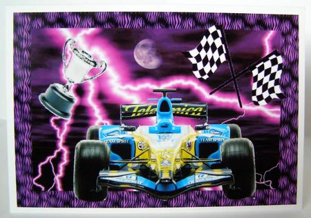 A4 Blue and Yellow Formula 1 Car on Lightning Background by Margaret McCartney
