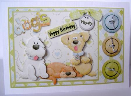 Woof! Yappy Birthday Dogs & Button Card Front with Decoupage by Margaret McCartney