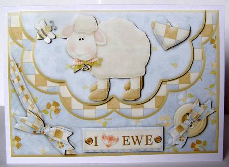 Double Scallop Envelope Card Front I Love Ewe (blue) by Margaret McCartney
