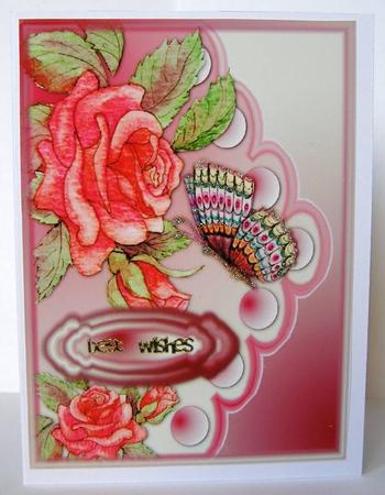 A4 Red Roses & Butterfly on Pink & Cream Scallop Design by Margaret McCartney