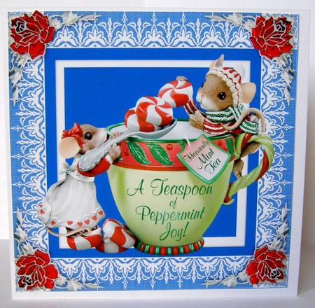 Peppermint Joy Teacup Mice 8" x 8" Square Card Front by Margaret McCartney