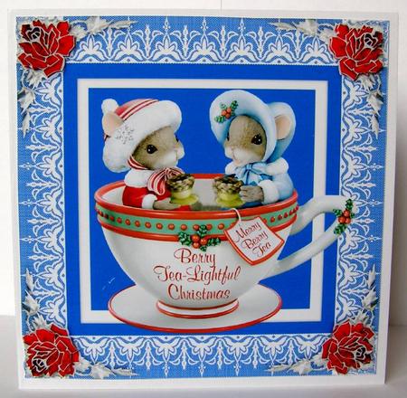 Holly Berry Teacup Mice 8" x 8" Square Card Front by Margaret McCartney