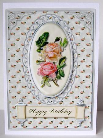 Vintage Roses in Oval Frame Birthday Card Front by Margaret McCartney