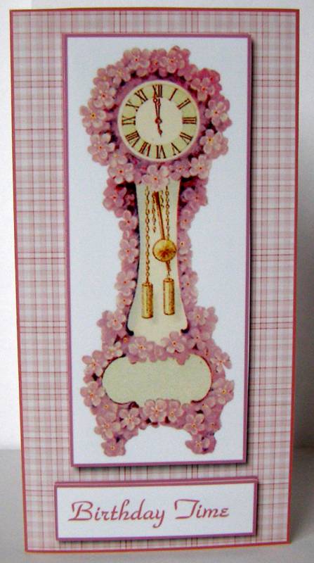 Birthday Time Pink Floral Clock Dl Quick Cut & Fold Card by Margaret McCartney