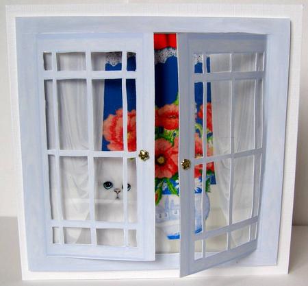 Acetate Open & Shut Windows - Poppies & Persian Cat Card by Margaret McCartney