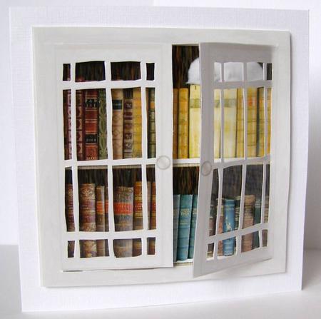 Acetate Open & Shut Windows Card - Beige Bookcase Kitten by Margaret McCartney