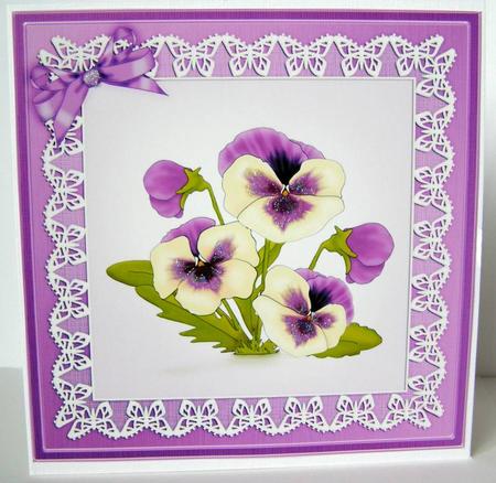 Pansy on Butterfly Lace 8 x 8 Quick Card Topper by Margaret McCartney