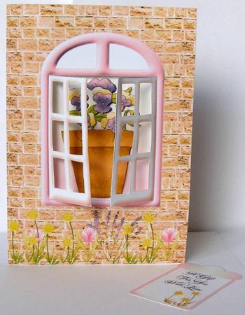 Arched Window 3D Card - Pot of Violets by Margaret McCartney