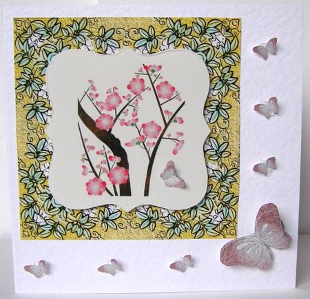 Embroidered Linen Flowers in Ceramic Frame with Butterflies by Margaret McCartney