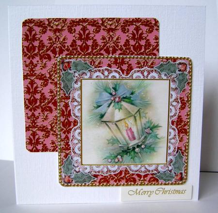 Christmas Lantern Lace N Damask Square Folded Card by Margaret McCartney