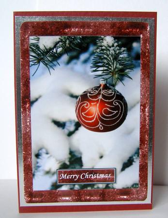 2 Card Fronts a Santa Hat House & Bauble in Snow by Margaret McCartney