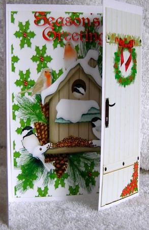 Christmas Robins in a Bird House, Gatefold by Margaret McCartney